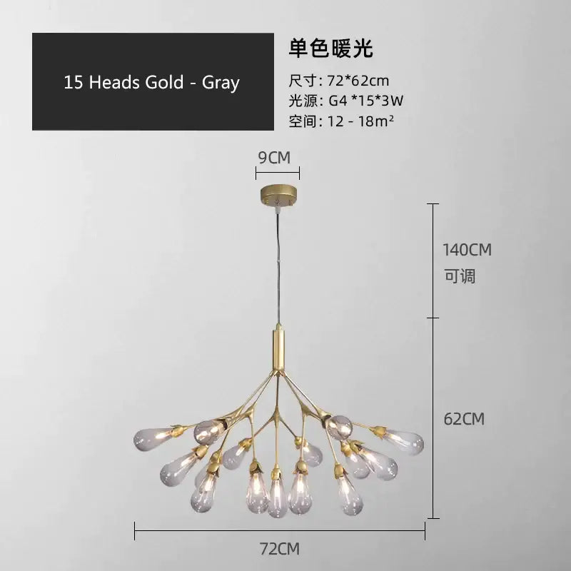 Modern gold elegant firefly chandelier with 15 teardrop glass bulbs in a branching design for dining room decorbites elegant firefly
