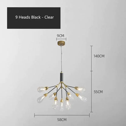 Modern gold elegant firefly chandelier with nine clear glass bulbs and black metal arms for dining room decorbites elegant firefly