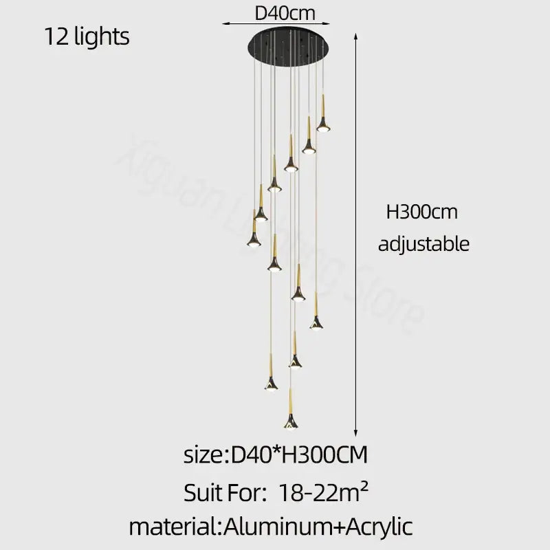 Modern black and gold decorbites elegant horn-shaped chandelier with 12 adjustable lights for staircase living room decor