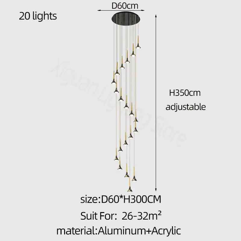Modern gold elegant horn-shaped chandelier with 20 lights cascading from circular aluminum base for staircase decorbites elegant