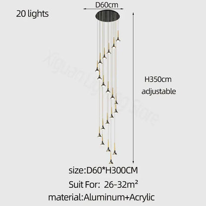 Modern gold elegant horn-shaped chandelier with 20 lights cascading from circular aluminum base for staircase decorbites elegant