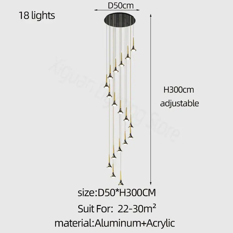 Modern decorbites elegant horn-shaped chandelier with 18 adjustable black and gold lights for staircase living room decor