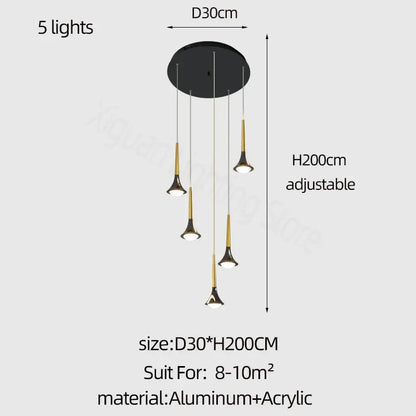 Modern black and gold decorbites elegant horn-shaped chandelier with five adjustable lights for living room staircase decor