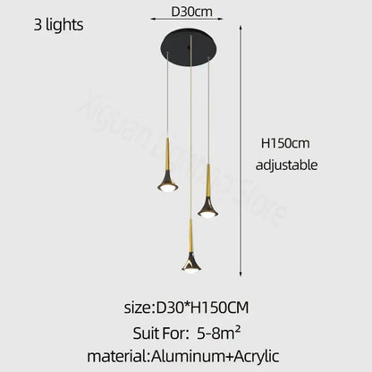 Modern gold elegant horn-shaped chandelier with three adjustable black and gold trumpet lamps on aluminum base for decorbites elegant decor