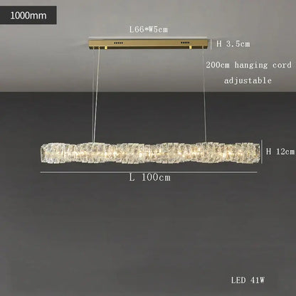 Modern gold elongated glass chandelier led ceiling light with clear crystal segments for dining room illumination
