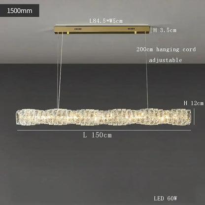 Modern gold elongated glass chandelier led ceiling light with crystal segments and warm light for dining room use