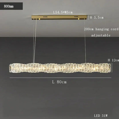 Modern gold elongated glass chandelier led ceiling light with rectangular crystal-encrusted body emitting warm light