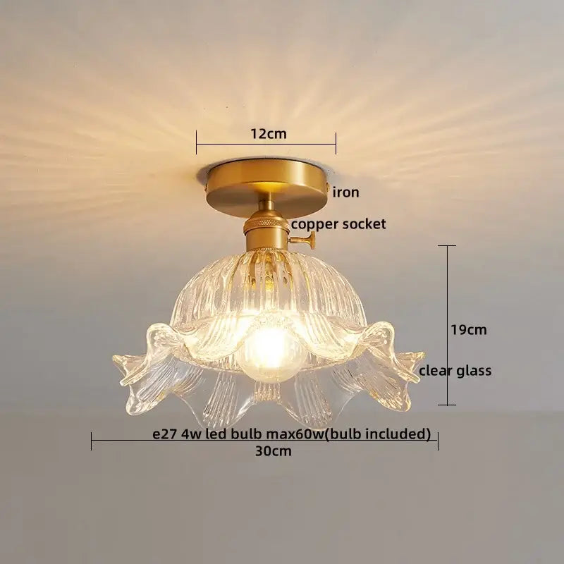 Modern gold etched glass led ceiling lamp with clear flower-shaped glass shade brass iron base and copper socket