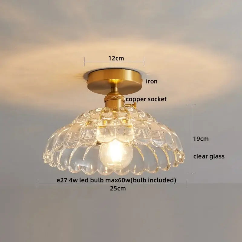 Vintage-style modern gold etched glass led ceiling lamp with brass iron base and copper socket for living room lighting