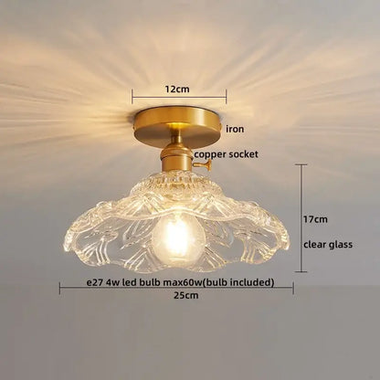 Modern gold etched glass led ceiling lamp with brass iron base and ornate floral clear glass shade for living room