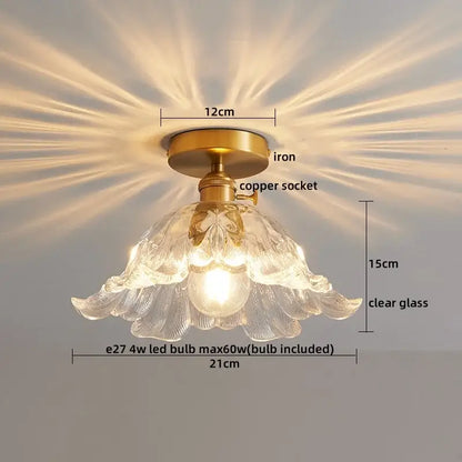 Modern gold etched glass led ceiling lamps feature brass iron base copper socket and clear glass petals for warm light