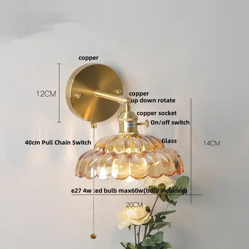 Brass-finished wall lamp with scalloped amber glass shade and copper socket modern gold faceted clear glass wall light