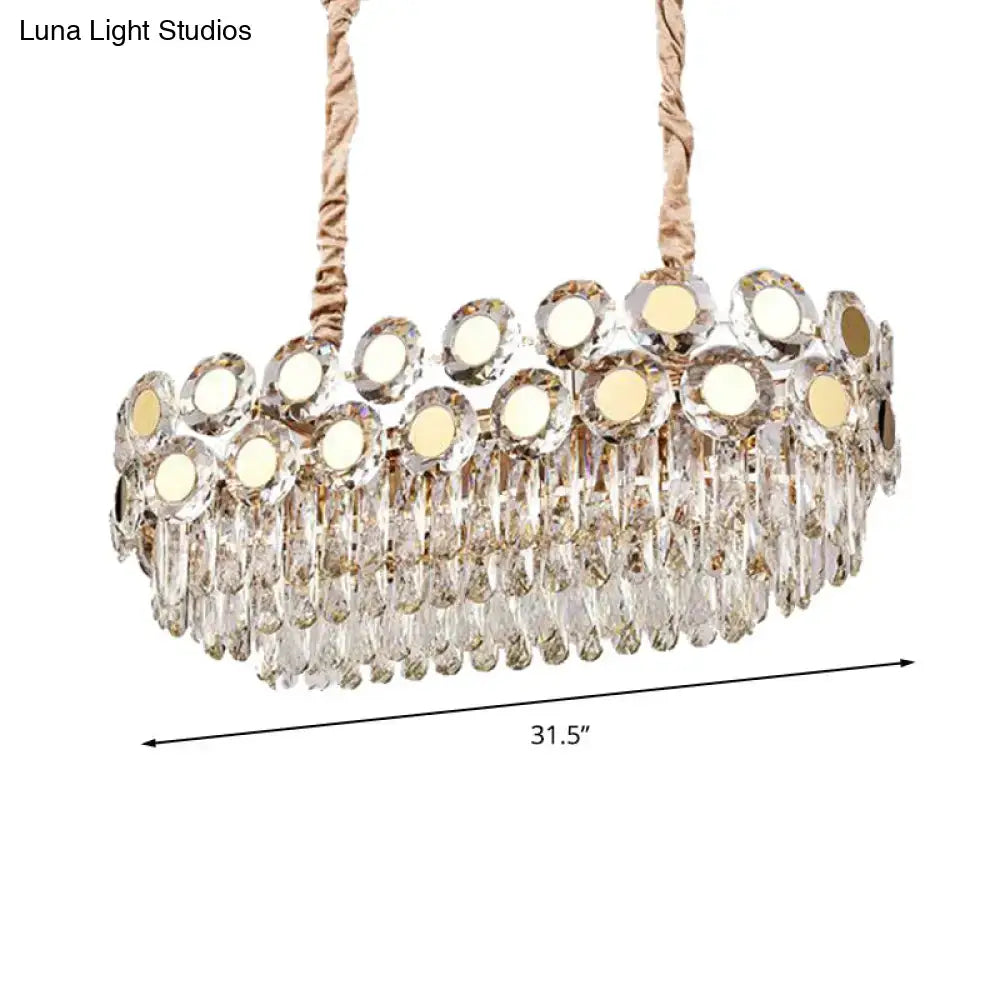 DecorBites 12-head gold suspension light fixture with faceted crystal droplets and oval postmodern design