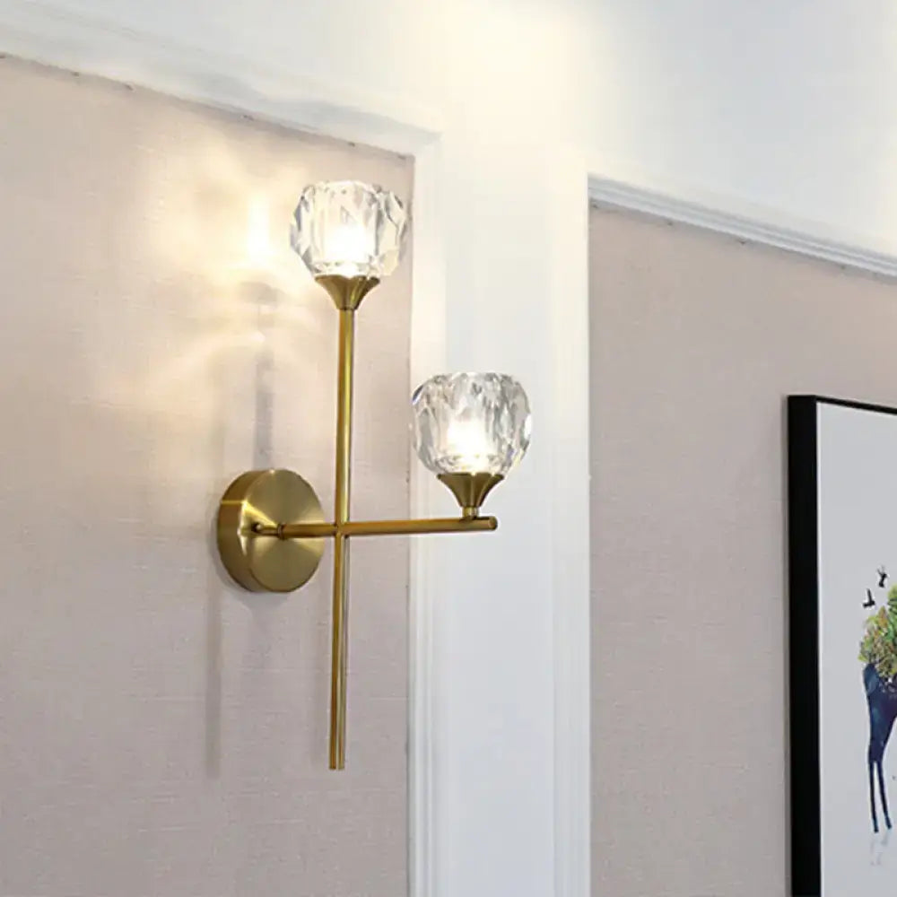 Modern gold faceted crystal wall light fixture with two faceted crystal shades for bedroom 220v-240v 110v-120v wall sconce
