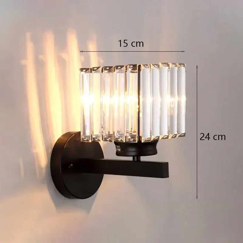 Black metal wall lamp with vertical crystal rods and modern gold faceted glass shade for living room sconce