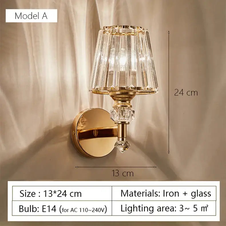 Modern gold wall lamp with faceted glass shade and decorative glass elements for living room sconce lighting