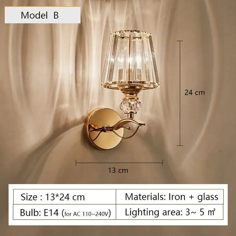 Modern gold wall lamp with faceted glass shade and decorative glass elements for living room use