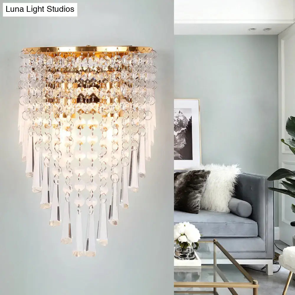 Modern gold finish clear crystal wall light with cascading crystal prisms for elegant bedroom sconce lighting