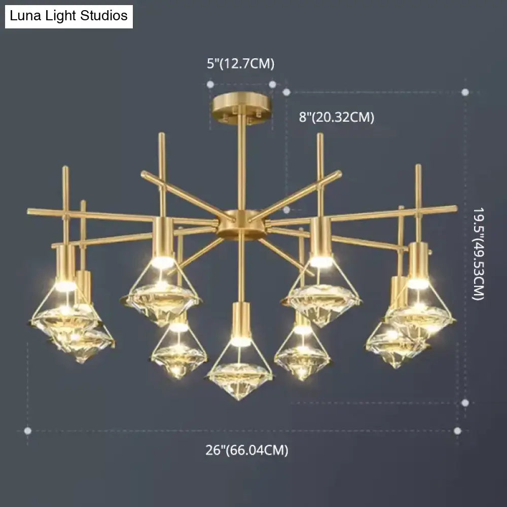 Modern gold finish light fixture pendant with six crystal diamond shaped shades for kitchen island lighting