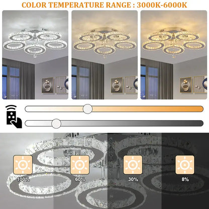 Modern gold five ring decorbites crystal ceiling chandelier with adjustable warm white to cool daylight lighting for dining room