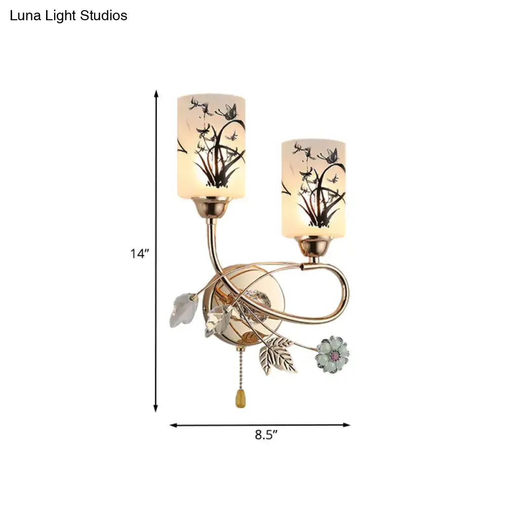 Modern gold floral 2 bulb wall lamp with brass fixture, frosted glass shades, and 220v-240v power supply
