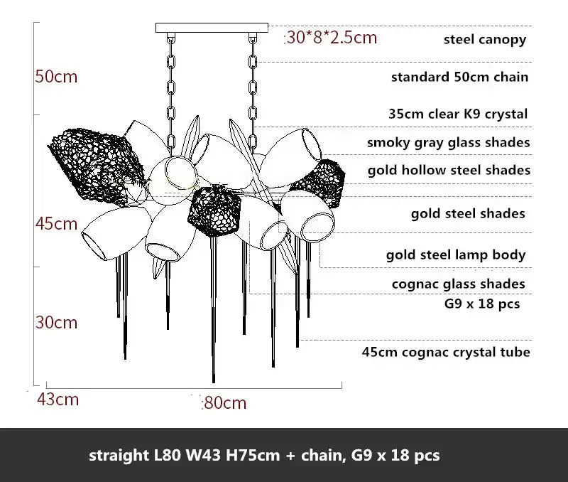 Modern gold flower glass shades led chandelier with steel canopy and smoky gray, gold, and cognac glass shades for stairs