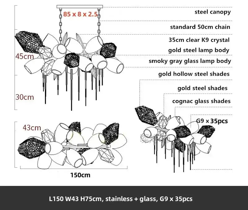 Modern gold flower glass shades led chandelier with steel canopy 35 cognac glass shades for stairs lighting