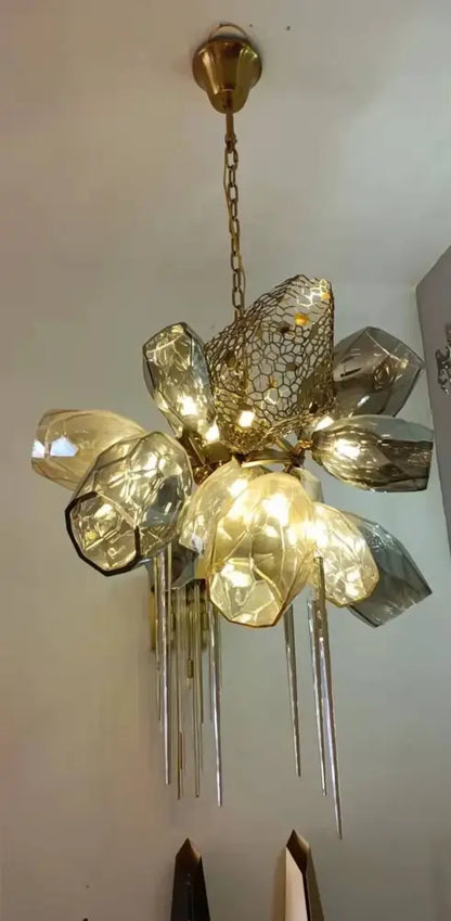 Modern gold flower glass shades led chandelier with faceted crystal glass petals and metallic rods for stairs hanging lamp