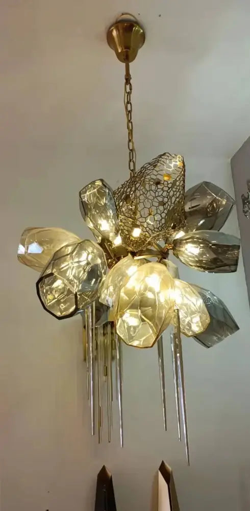 Modern gold flower glass shades led chandelier with faceted crystal glass petals and metallic rods for stairs hanging lamp