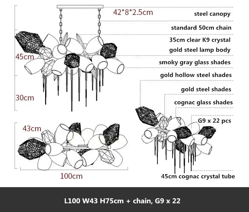 Modern gold flower glass shades led chandelier with steel canopy and smoky gray and cognac glass shades for stairs hanging lamp