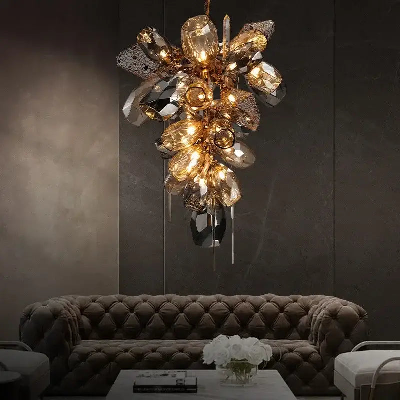 A modern gold flower glass shades led chandelier with faceted crystals and dangling glass droplets for stairs hanging lamp