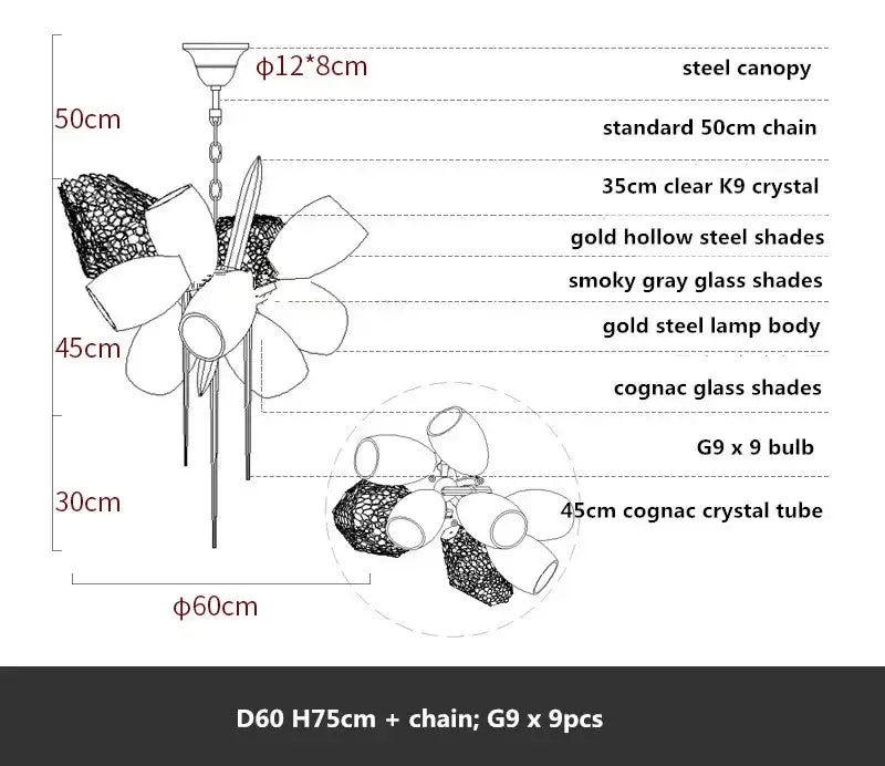 Modern gold flower glass shades led chandelier with smoky gray and cognac glass shades and clear k9 crystal accents