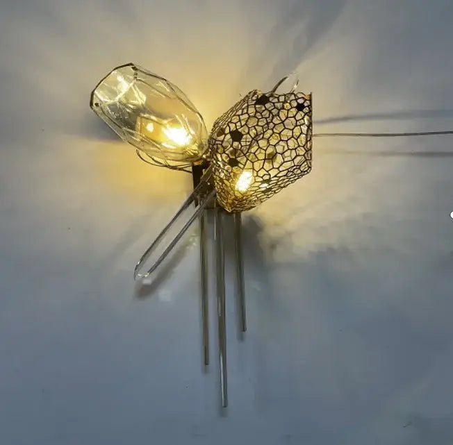 Modern gold flower glass shades led chandelier with clear bulb and intricate wire mesh cage for stairs hanging lamp