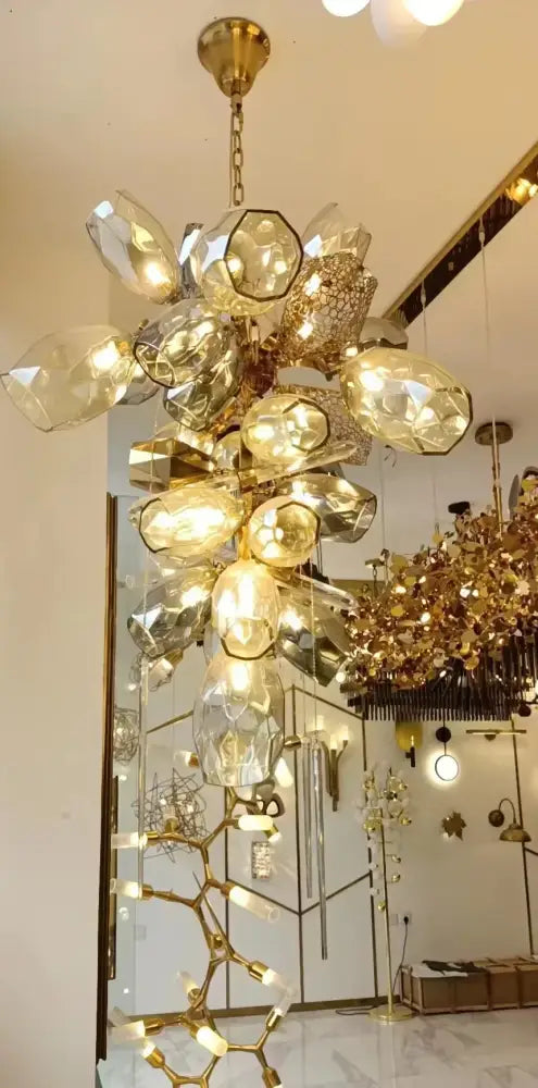 Modern gold flower glass shades led chandelier with faceted crystal glass shades led for elegant stairs hanging lamp