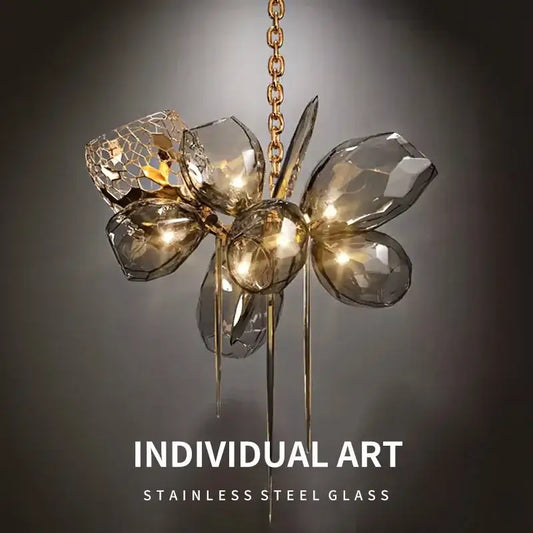 Modern gold flower glass shades led chandelier with faceted glass petals and stainless steel accents for stairs lighting