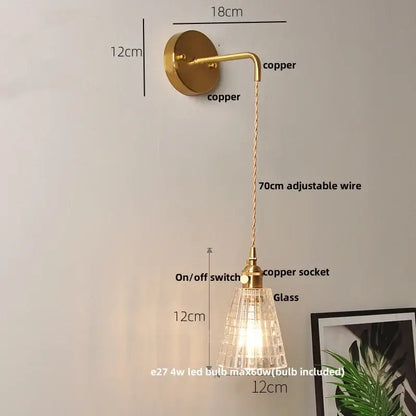 Modern gold copper wall light with textured clear glass led shade and adjustable wire for bedroom decorbites clear glass