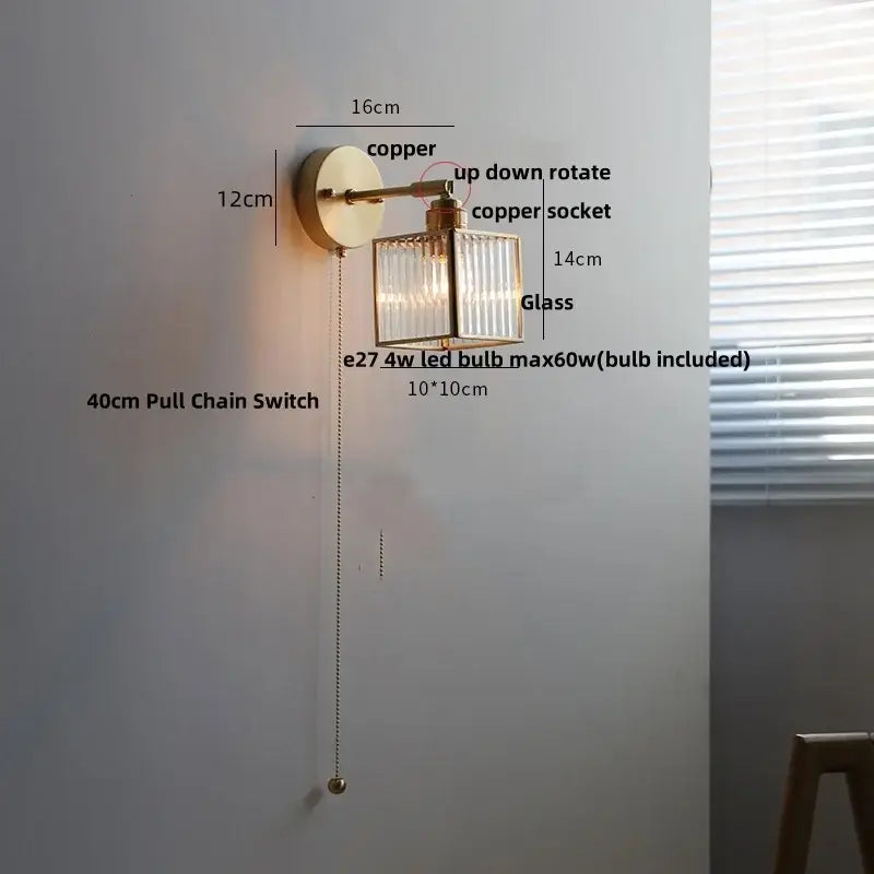 Modern gold copper wall lights with rectangular ribbed fluted glass shade and pull chain switch for decorbites led wall use