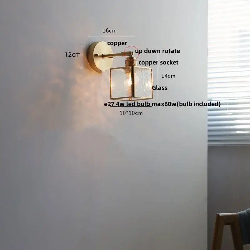 Modern gold fluted glass led wall sconce with copper finish square glass shade and adjustable up down rotation decorbites led wall