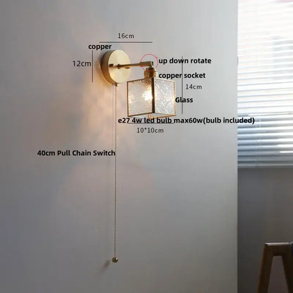 Copper-finished modern led wall sconce with square etched glass shade and 40cm pull chain switch for bedroom decorbites led wall