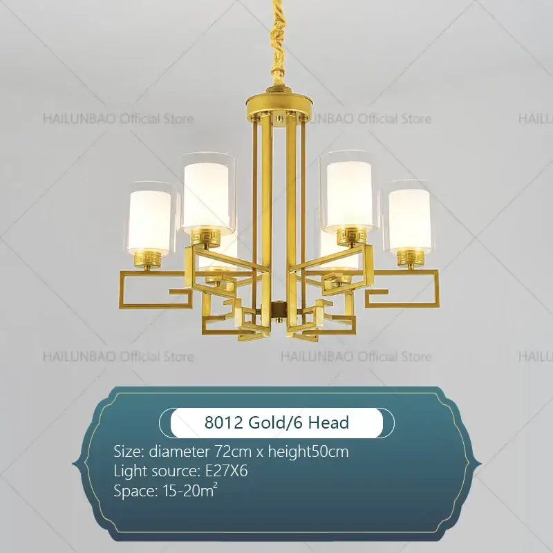 Modern gold geometric chandelier with six frosted glass shades and metal arms for luxury living room lighting