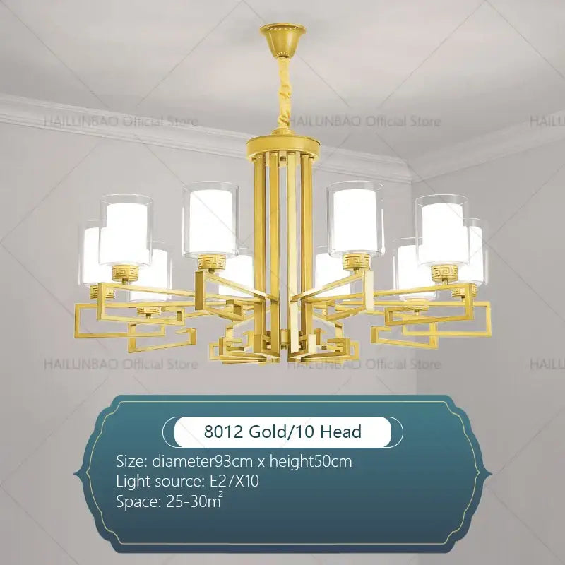 Modern gold geometric chandelier with ten frosted glass shades for luxury living room or living room chandelier lighting