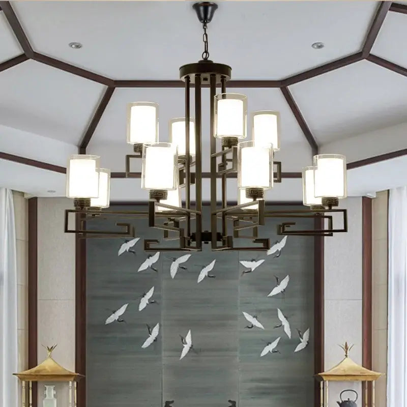 Bronze finished modern gold geometric chandelier with frosted glass shades for luxury living room chandelier lighting