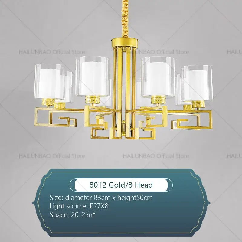 Modern gold geometric chandelier with eight clear glass shades and metal arms for luxury living room lighting