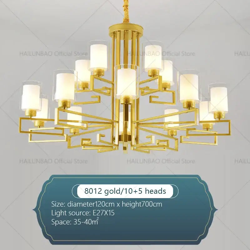 Modern gold geometric chandelier with frosted glass shades perfect for a luxury living room chandelier design