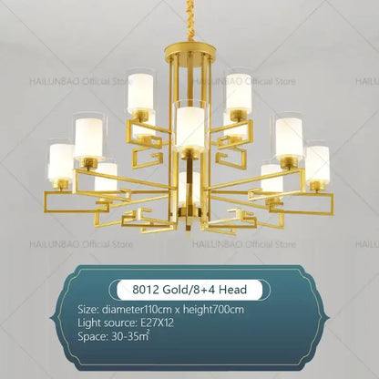 Modern gold geometric chandelier with eight frosted glass shades and four lights for luxury living room spaces