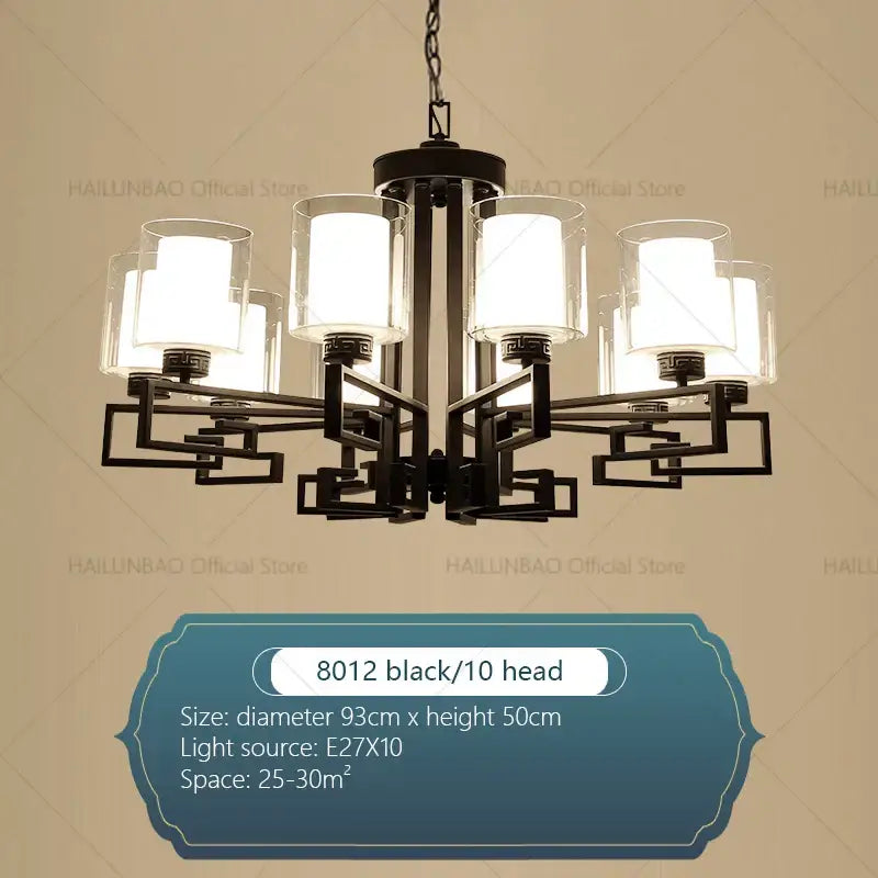 Black metal living room chandelier with ten clear glass shades for luxury living room lighting