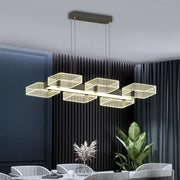 Modern gold geometric cube chandelier with sleek rectangular design and illuminated wireframe cubes fixture width 110v-120v