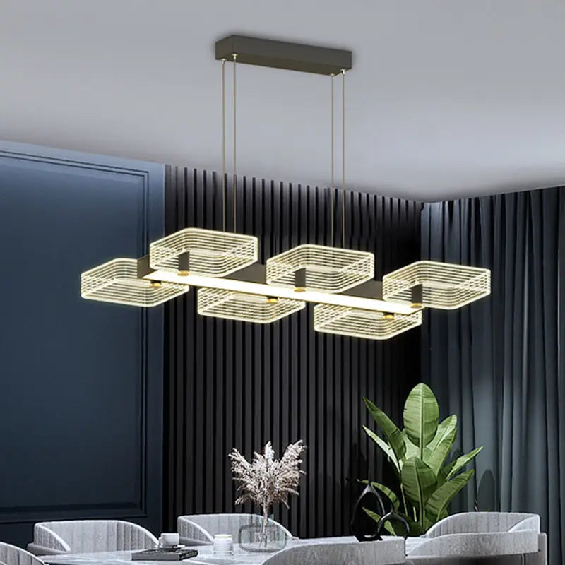 Modern gold geometric cube chandelier with sleek rectangular design and illuminated wireframe cubes fixture width 110v-120v