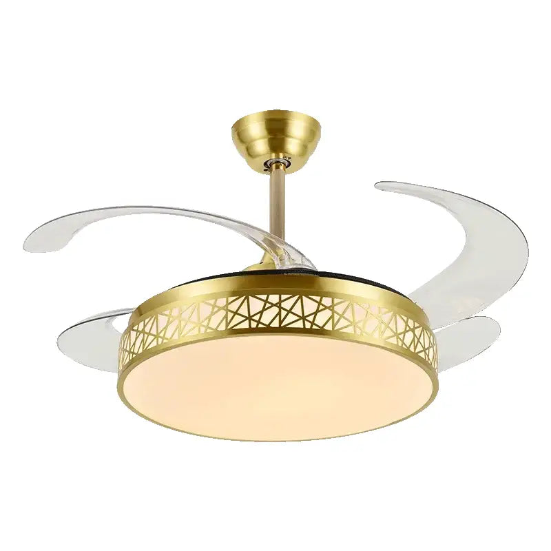 Modern gold decorbites ceiling fan with frosted glass blades and geometric led light fixture for living room use