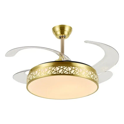 Modern gold decorbites ceiling fan with clear curved blades and geometric patterned led light for living room use